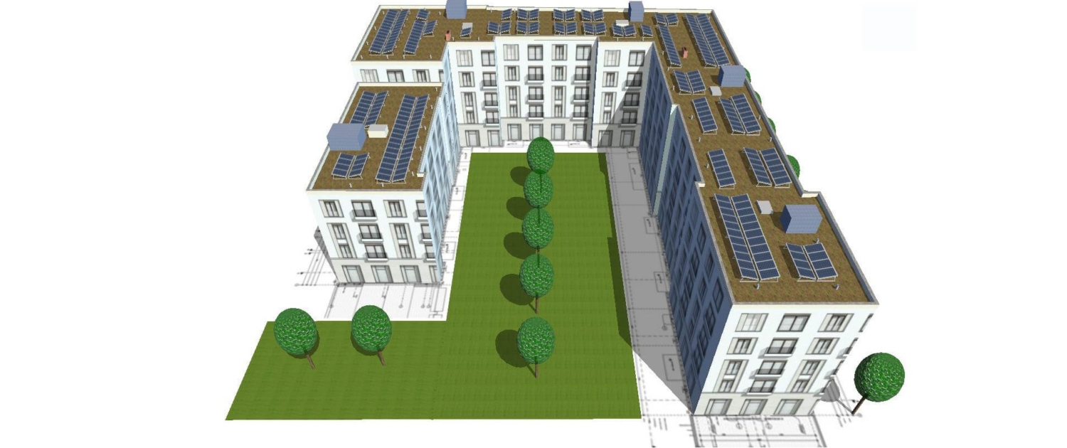 Digitaler Entwurf einer Mehrfamilienhaussiedlung mit PV-Anlagen